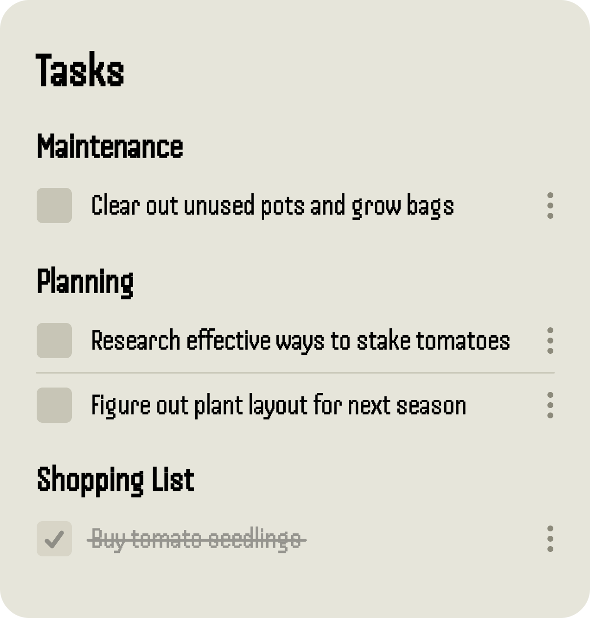 Categorized to-do lists such as garden maintenance and planning